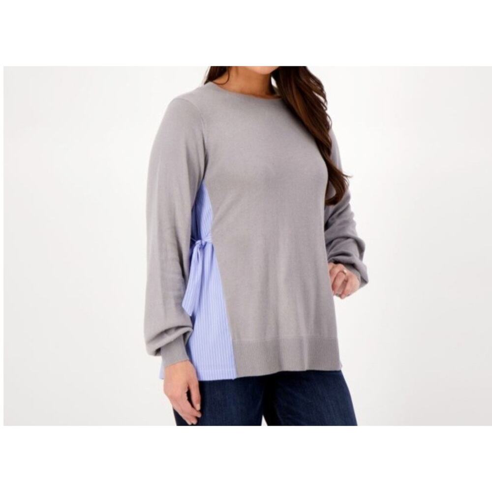 Laurie Felt Gray With Blue Pleat Size Small Mixed Media Sweater A518636 NWOT